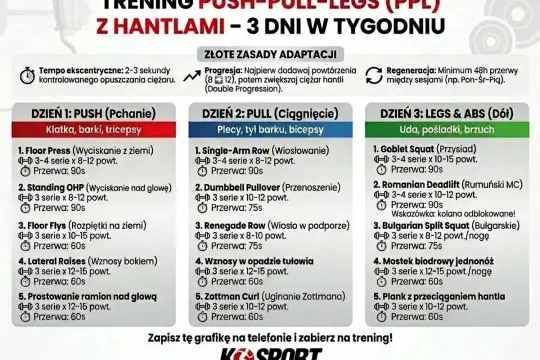 Plan treningowy PPL (Push, Pull, Legs) z hantlami na 3 dni. Dzień 1: Pchanie (klatka, barki, tricepsy). Dzień 2: Ciągnięcie (plecy, barki, bicepsy). Dzień 3: Nogi i brzuch.