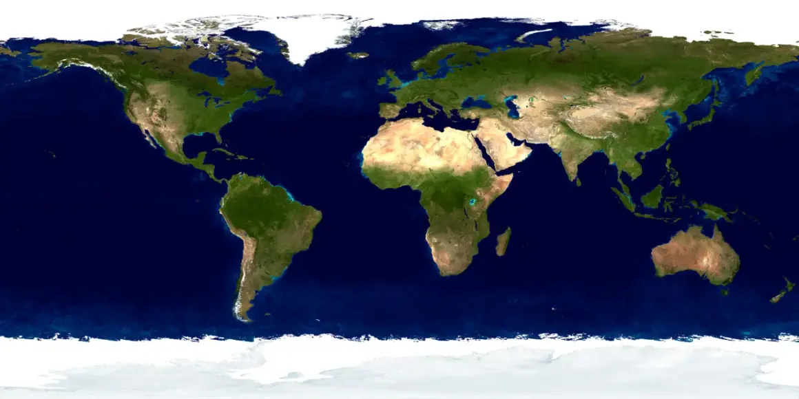Mapa świata z widocznymi kontynentami i siedmioma oceanami.
