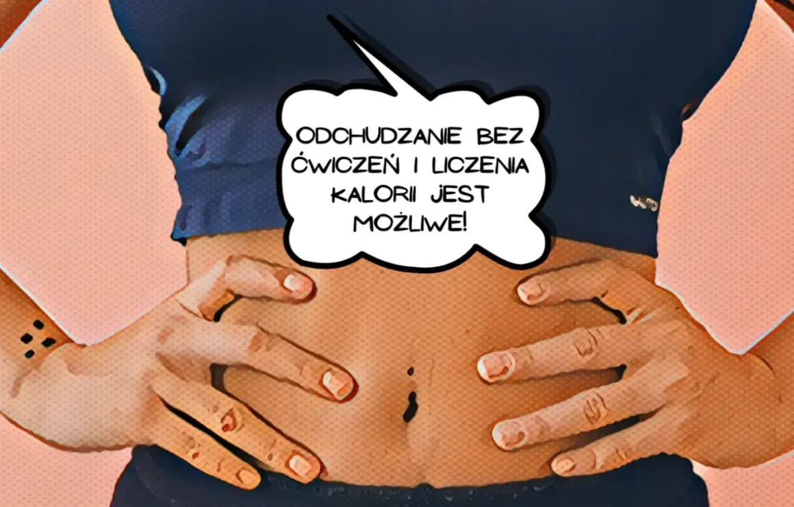 Odkryj, czy da się schudnąć bez ćwiczeń i liczenia kalorii! Brzuch i dłonie w centrum uwagi, z dymkiem pełnym nadziei.