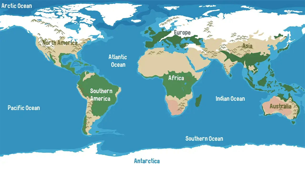 Mapa świata z zaznaczonymi kontynentami i oceanami, w tym siedmioma oceanami.